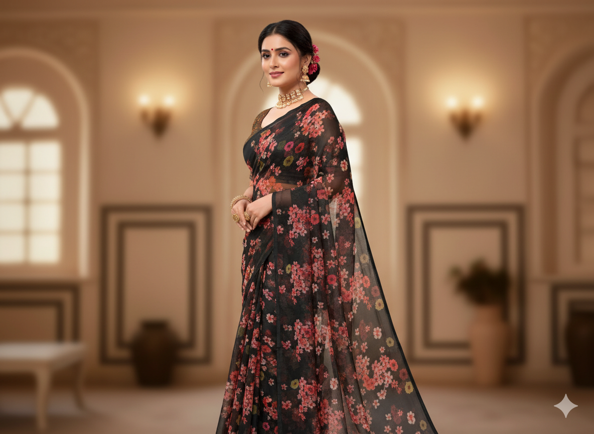 Black Floral Digital Printed Liquid Organza Fabric
