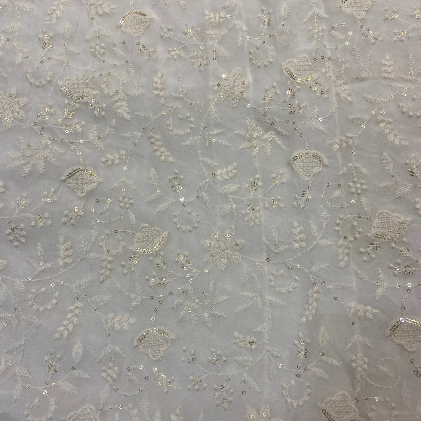 White Dyeable Floral Lakhnavi Embroidered Viscose Georgette Fabric