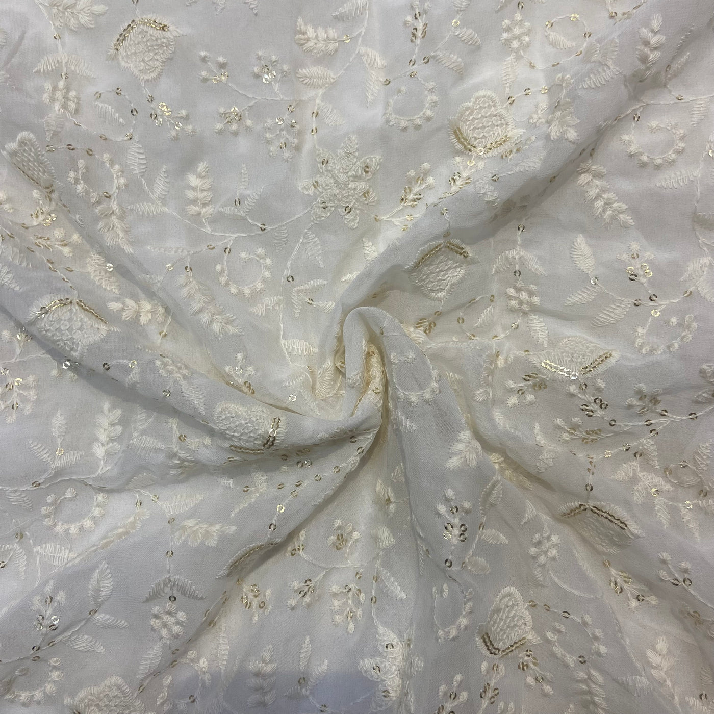 White Dyeable Floral Lakhnavi Embroidered Viscose Georgette Fabric