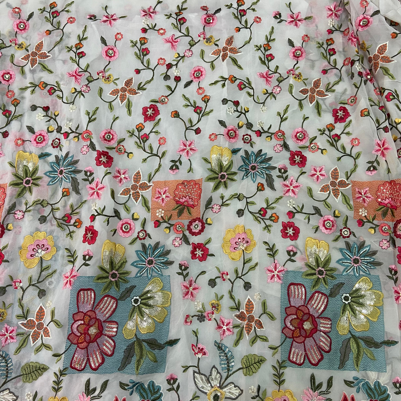 Multicolor Floral Panel Work Embroidered Dyeable Viscose Georgette Fabric