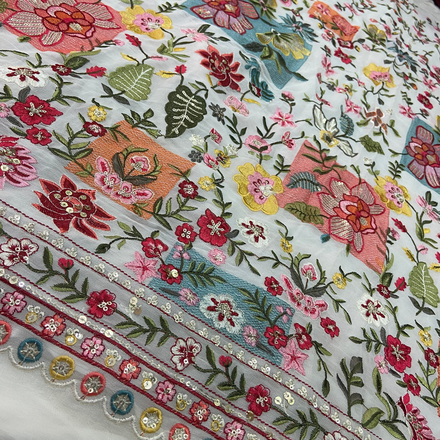 Multicolor Floral Panel Work Embroidered Dyeable Viscose Georgette Fabric