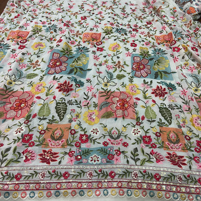 Multicolor Floral Panel Work Embroidered Dyeable Viscose Georgette Fabric