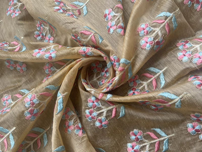 Yellow Multicolour Embroidered Chanderi Fabric