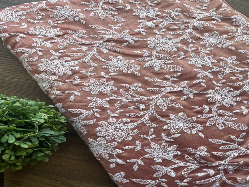 Peach & White Floral Chikankari Embroidered Chanderi Fabric (Wholesale)