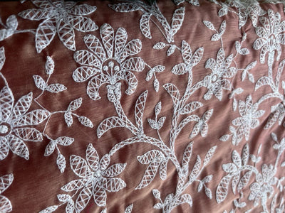 Peach & White Floral Chikankari Embroidered Chanderi Fabric (Wholesale)