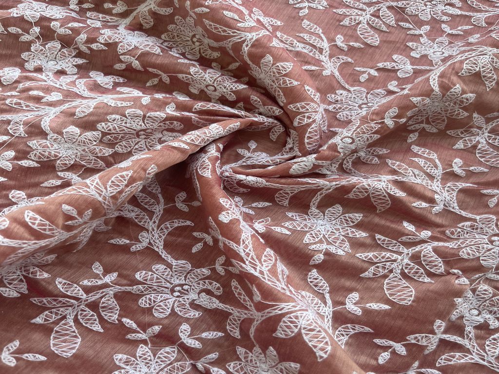 Peach Chikankari Embroidered Chanderi Fabric