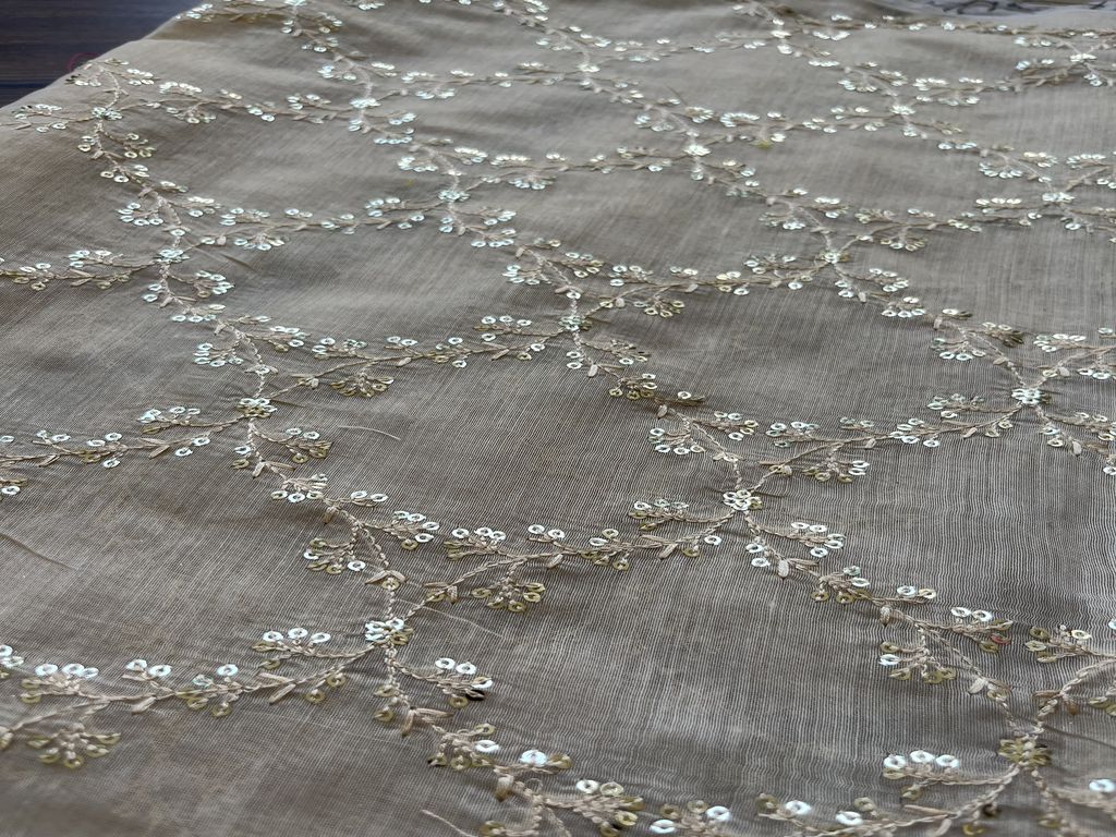 Beige Floral Sequins Embroidered Chanderi Fabric (Wholesale)