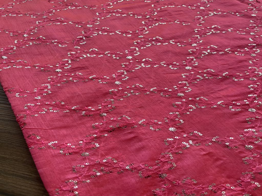 Dark Pink Sequins Embroidered Chanderi Fabric