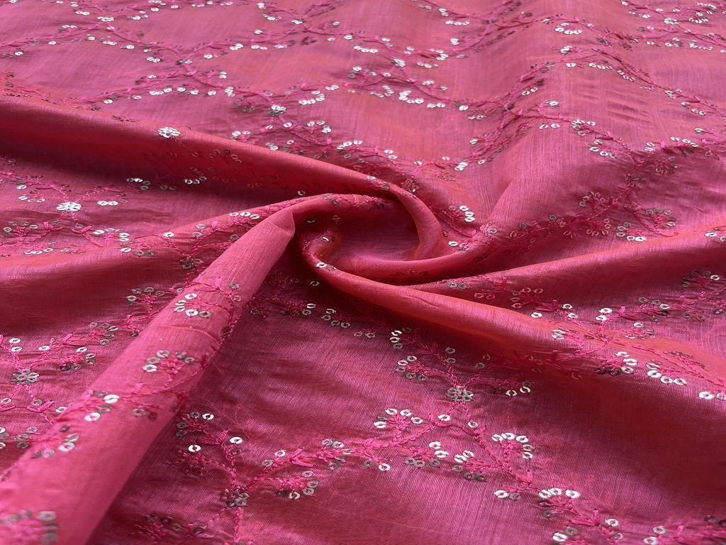 Dark Pink Sequins Embroidered Chanderi Fabric