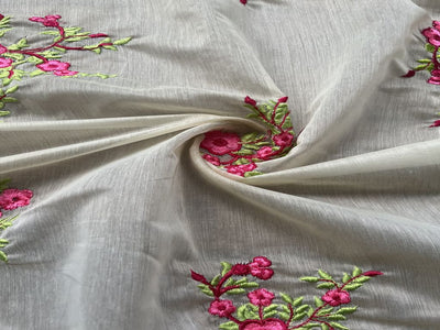 Off White Thread Motifs Embroidered Chanderi Fabric