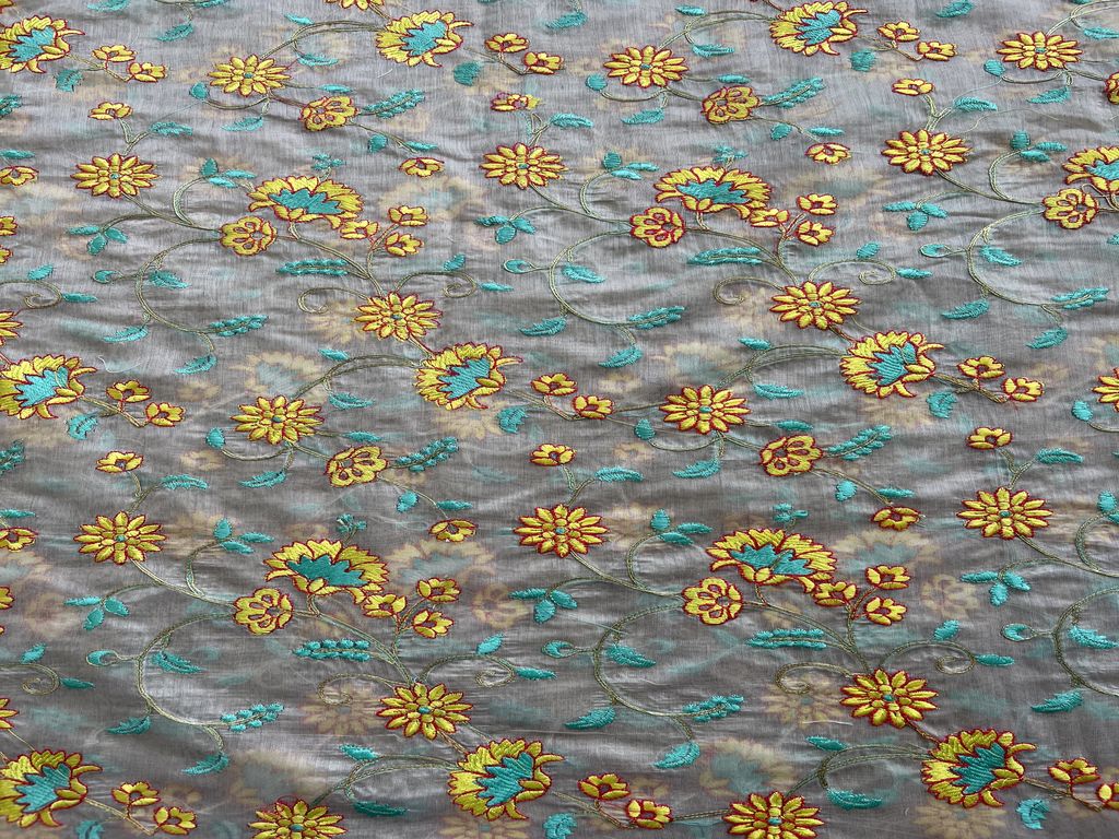 Beige Multicoloured Golden Dori Embroidered Chanderi Fabric