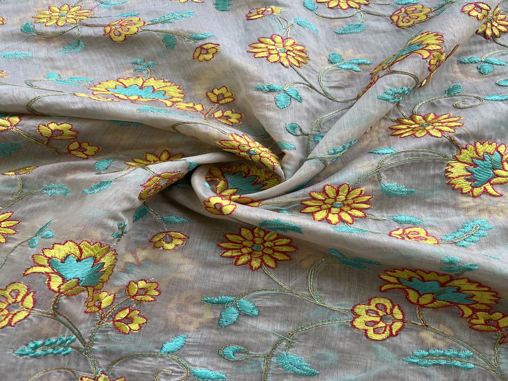 Beige Multicoloured Golden Dori Embroidered Chanderi Fabric