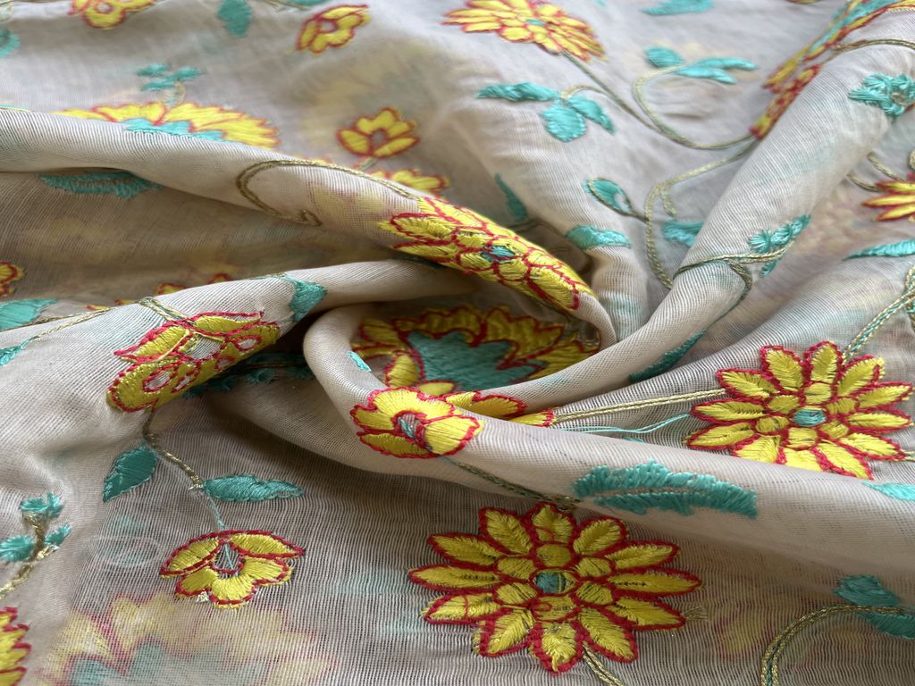 Multicolor Floral Dori Embroidered Chanderi Fabric (Wholesale)