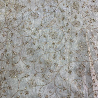 White Floral Sequins Embroidered Dyeable Viscose Shimmer Organza Fabric