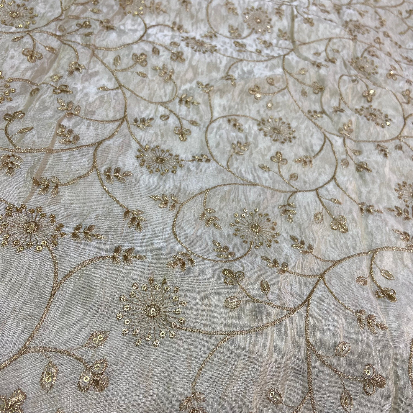 White Floral Sequins Embroidered Dyeable Viscose Shimmer Organza Fabric