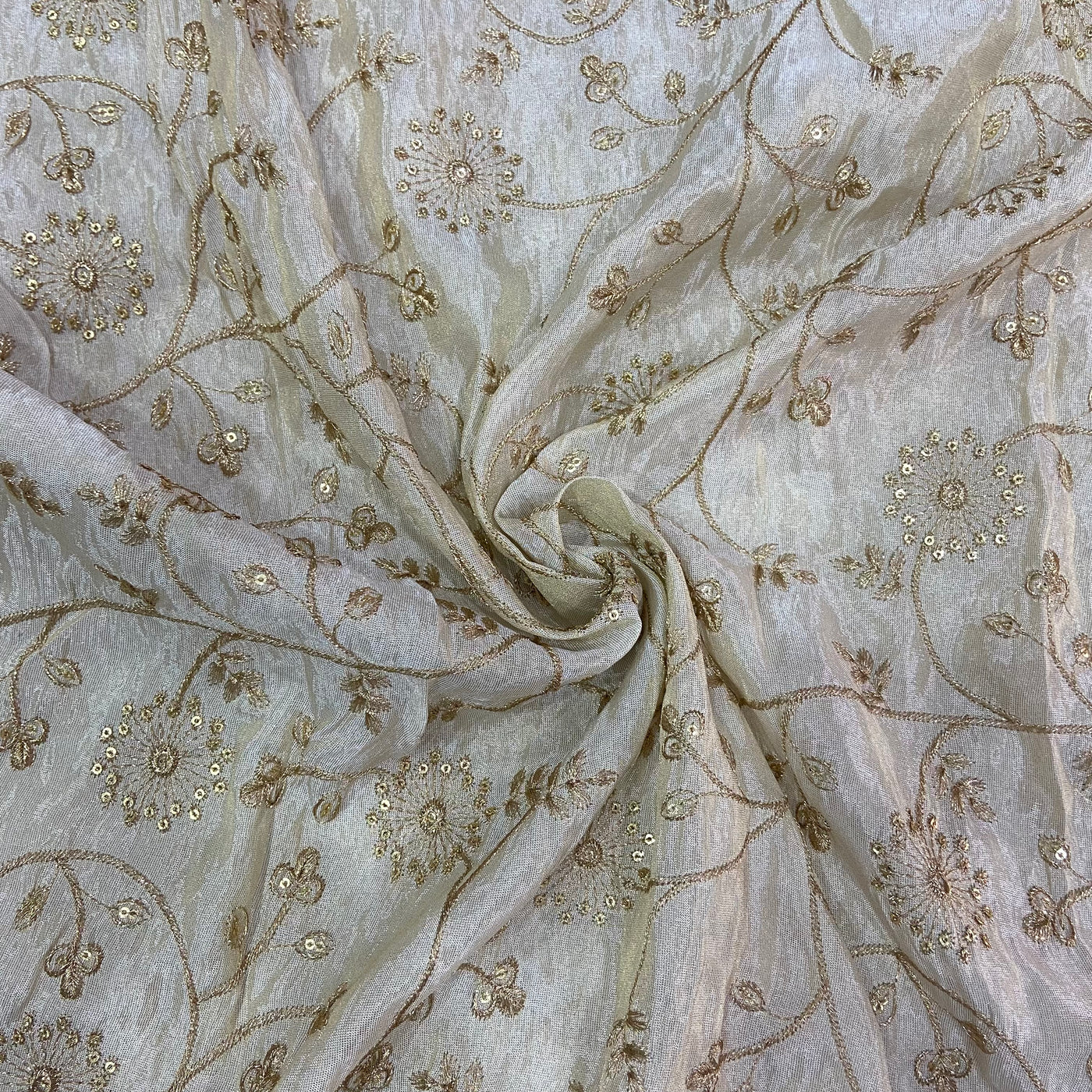 White Floral Sequins Embroidered Dyeable Viscose Shimmer Organza Fabric