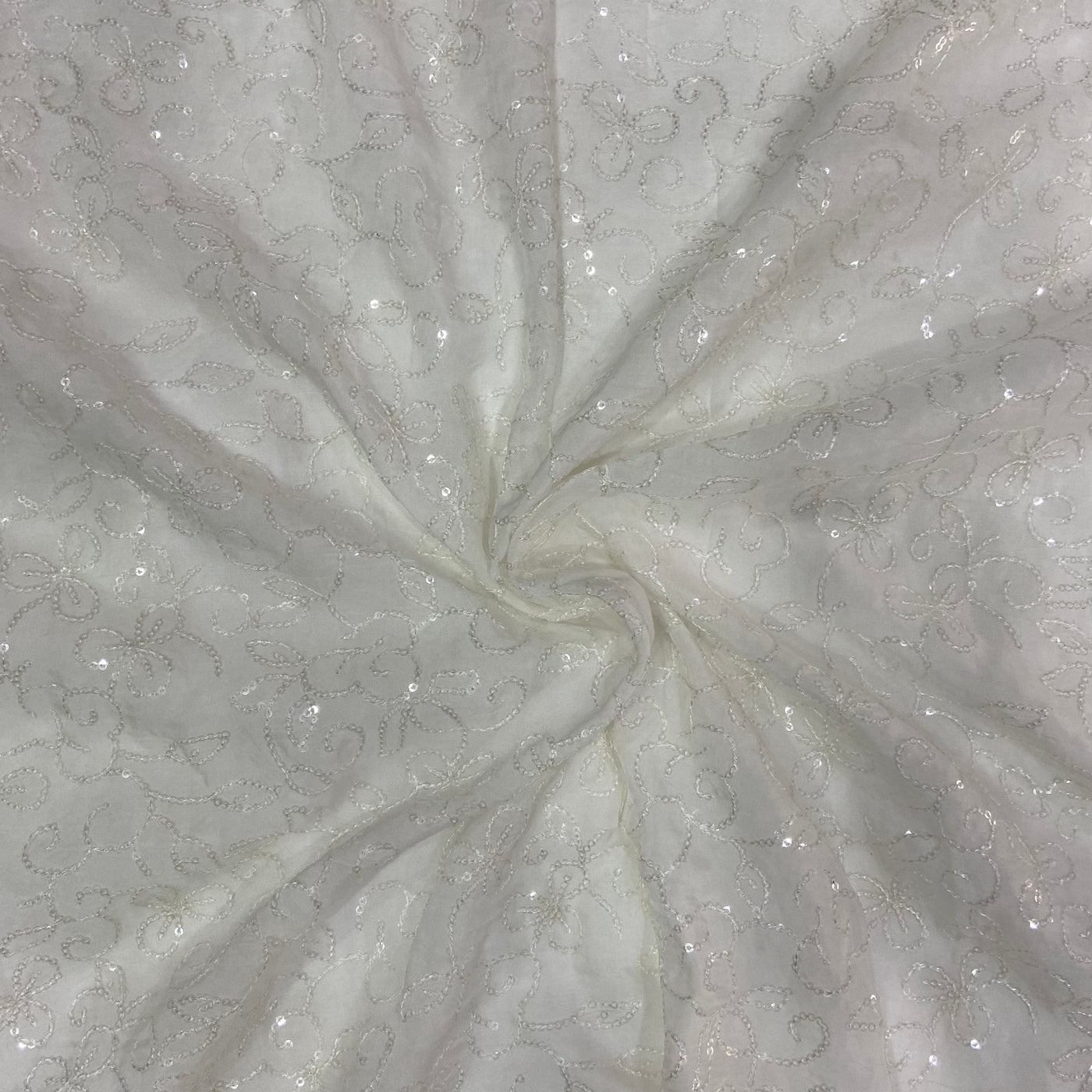 White Dyeable Floral Sequins Embroidered Viscose Organza Fabric