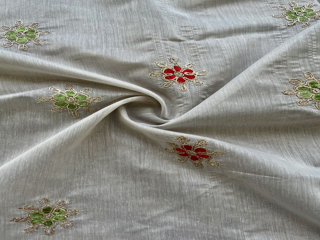 Beige Floral Thread & Dori Embroidered Chanderi Fabric