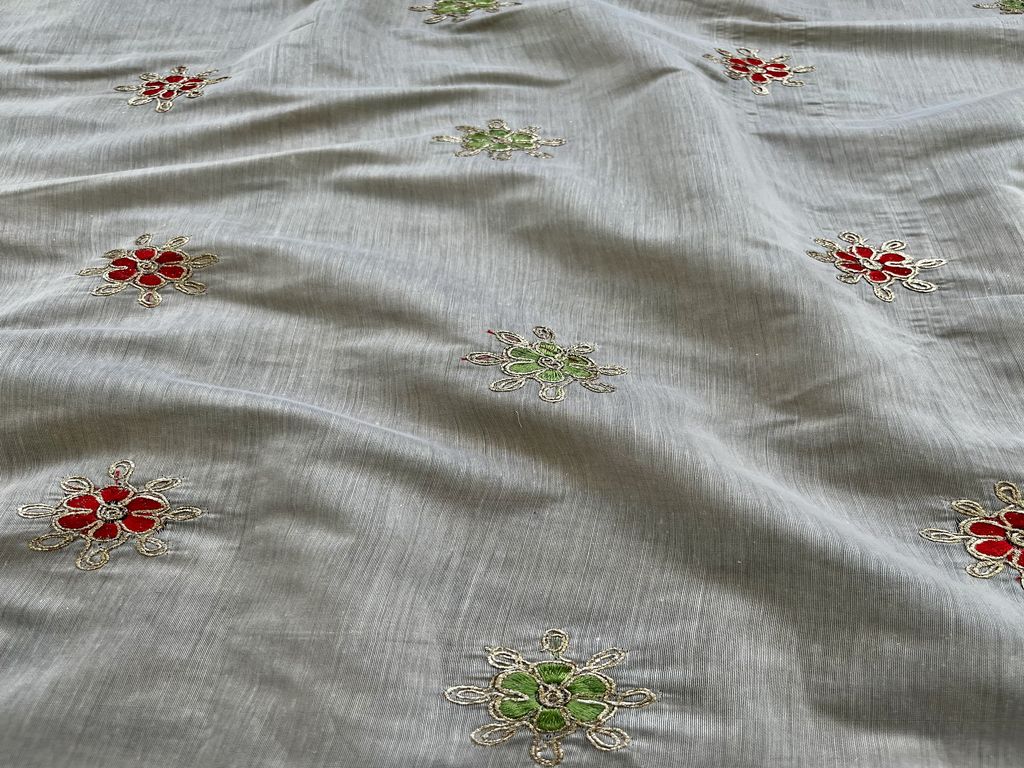 Beige Floral Thread & Dori Embroidered Chanderi Fabric