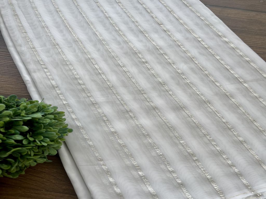 White Striped  Dyeable Self Lurex Organza Silk Fabric