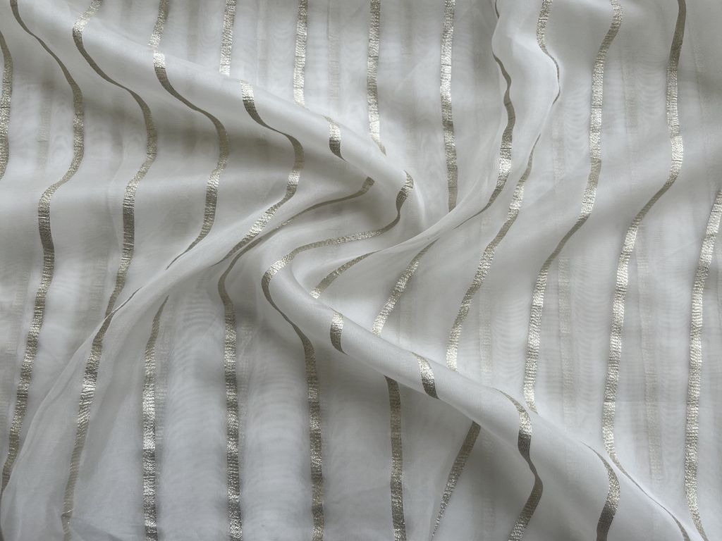 White Striped  Dyeable Self Lurex Organza Silk Fabric