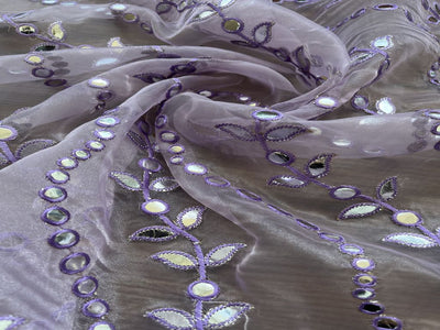 Lilac Floral Embroidered Faux Silver Gota Patti Organza Fabric (wholesale)