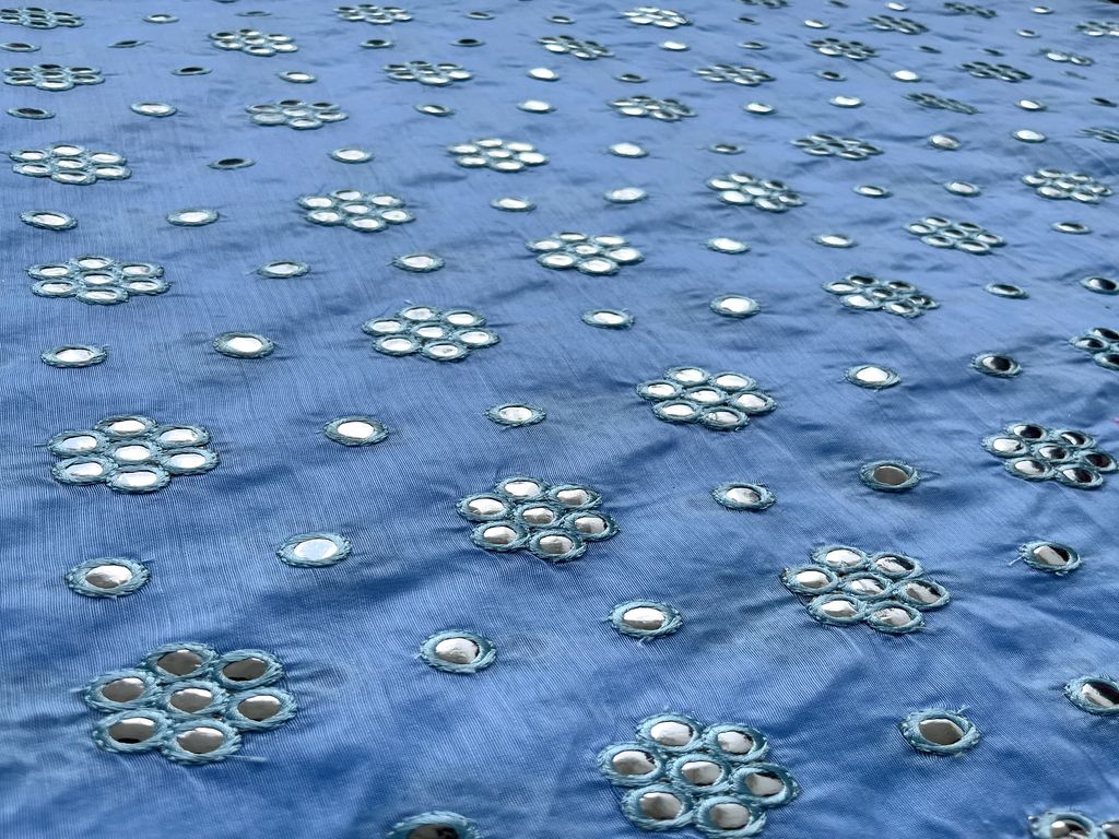 Powder Blue Chanderi with Faux Mirror Work Embroidered Motifs Fabric (Wholesale)