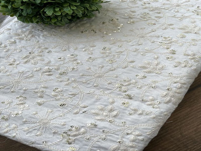 White Dyeable Embroidered Lakhnawi & Sequins German Cotton Fabric