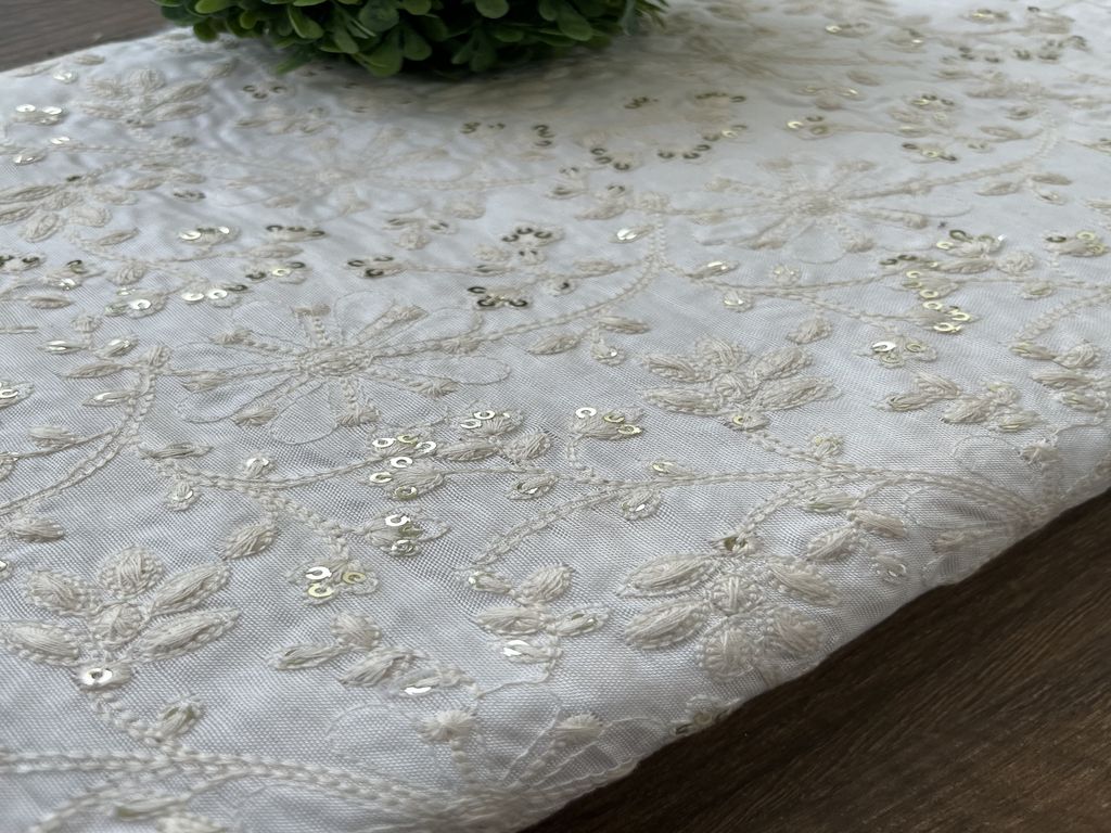 White Dyeable Embroidered Lakhnawi & Sequins German Cotton Fabric