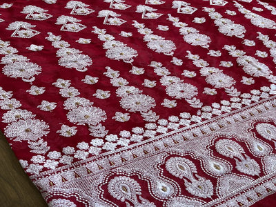 Magenta & White Lakhnawi Embroidered Georgette Fabric (Wholesael)