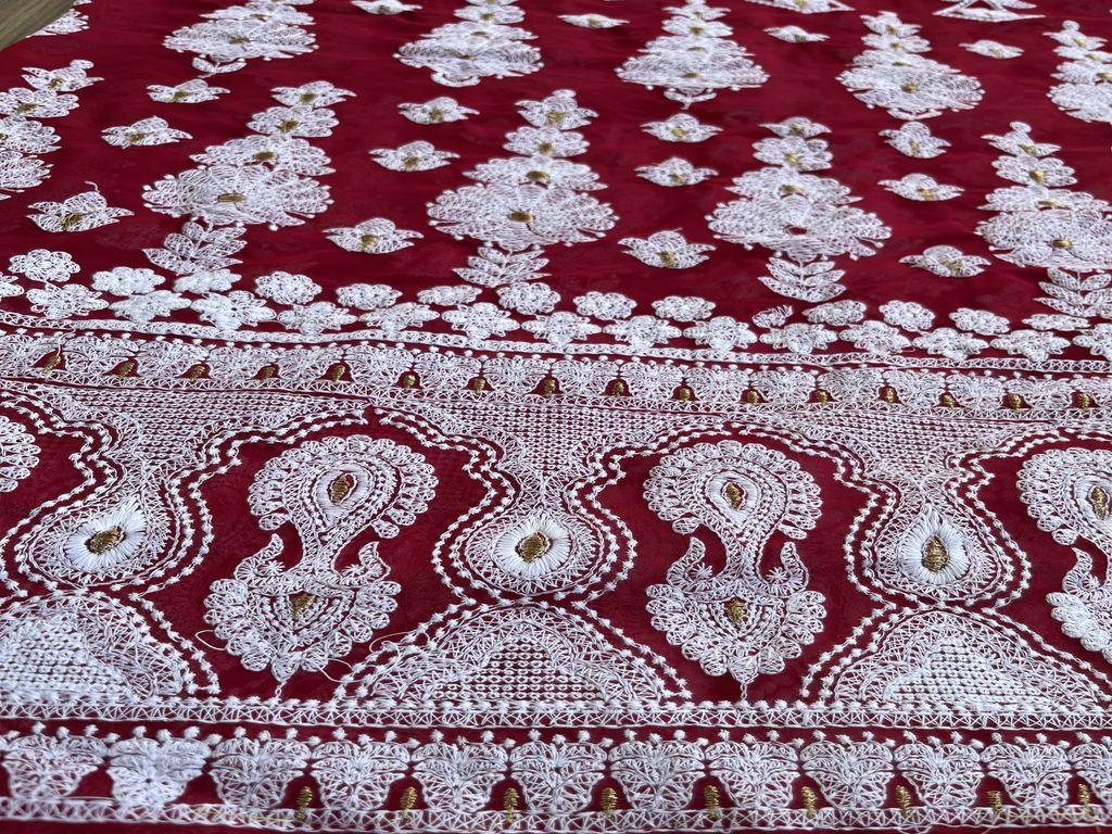 Magenta & White Lakhnawi Embroidered Georgette Fabric (Wholesael)