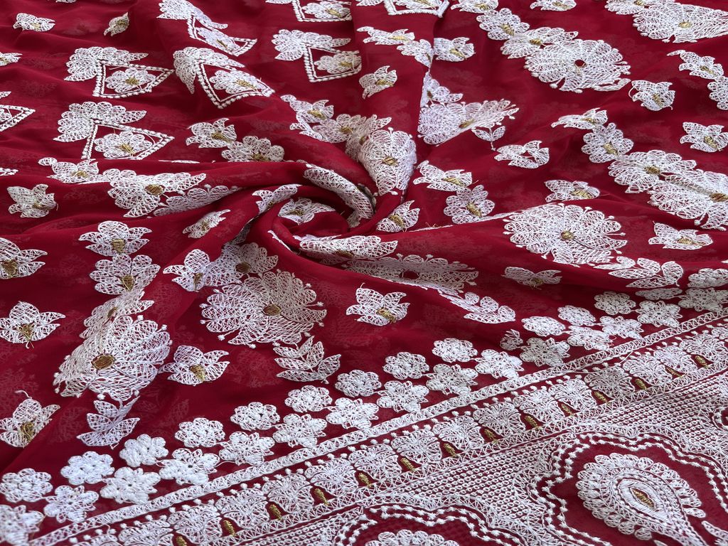 Magenta & White Lakhnawi Embroidered Georgette Fabric (Wholesael)