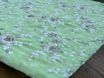 Mint Green Chikankari Embroidered Georgette Fabric (Wholesale)