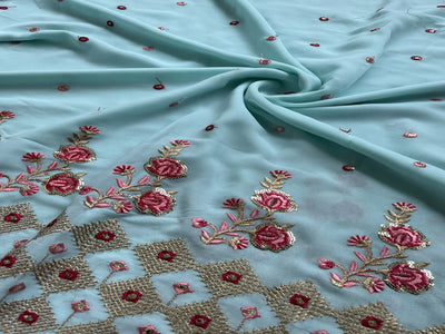 Cyan Blue Floral Sequins Daaman Embroidered Georgette Fabric