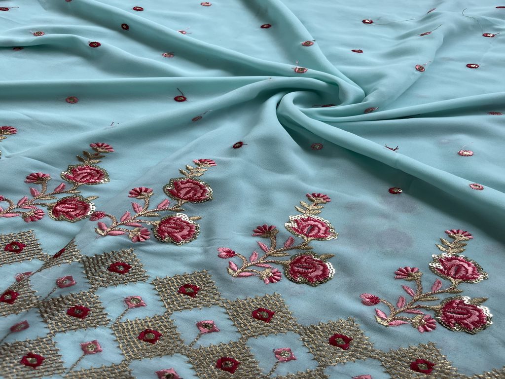 Cyan Blue Traditional Sequins Daaman Embroidered Georgette Fabric (Wholesale)