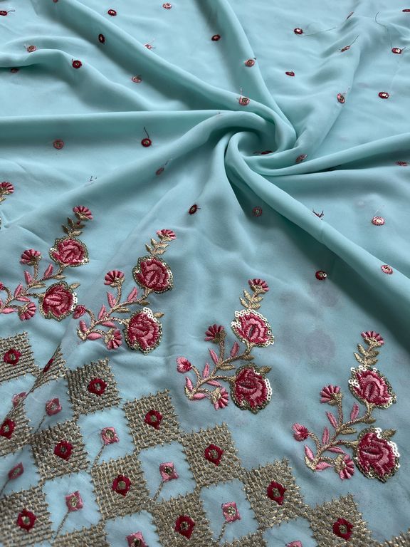 Cyan Blue Traditional Sequins Embroidered Georgette Fabric