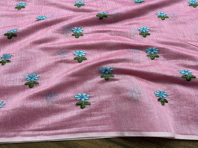 Pink & Blue Motifs Embroidered Chanderi Fabric ( Wholesale )