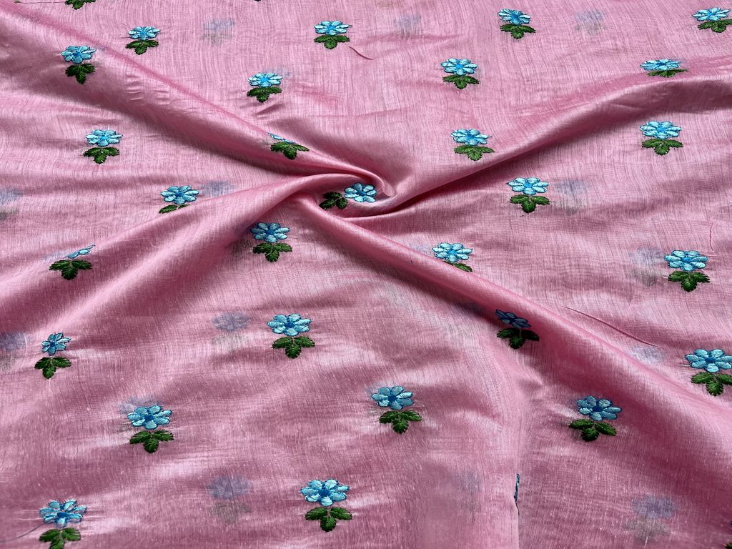 Pink & Blue Motifs Embroidered Chanderi Fabric ( Wholesale )