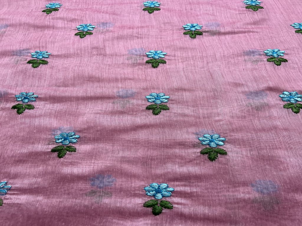 Pink & Blue Motifs Embroidered Chanderi Fabric ( Wholesale )