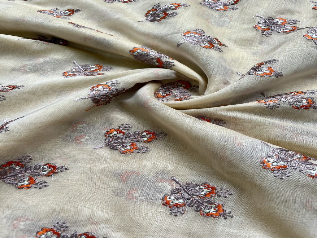 Beige Motifs Embroidered Chanderi Fabric