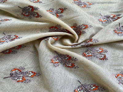 Light Beige Motifs Embroidered Chanderi Fabric ( Wholesale )