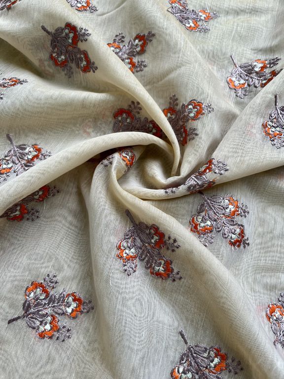 Beige Motifs Embroidered Chanderi Fabric