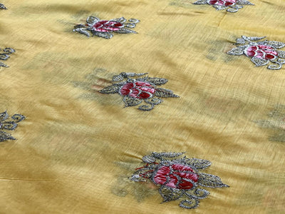 Yellow Motifs Zari & Thread Embroidered Chanderi Fabric (Wholesale)