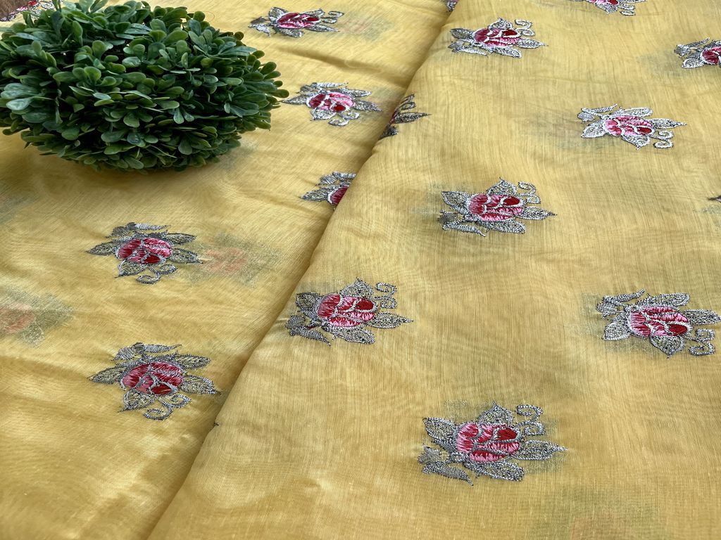 Yellow Motifs Zari & Thread Embroidered Chanderi Fabric (Wholesale)