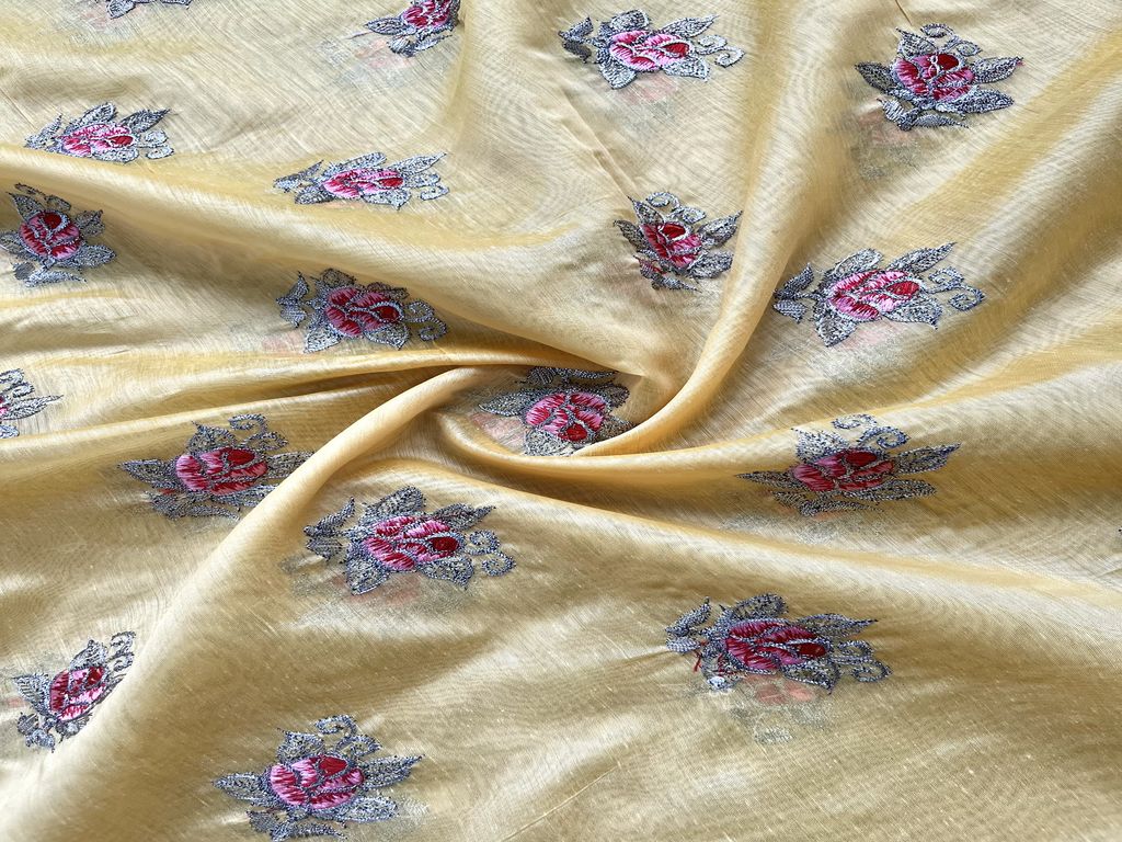 Yellow Motifs Zari & Thread Embroidered Chanderi Fabric (Wholesale)