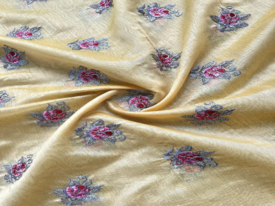 Yellow Motifs Zari & Thread Embroidered Chanderi Fabric (Wholesale)