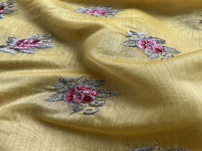 Yellow Motifs Zari & Thread Embroidered Chanderi Fabric