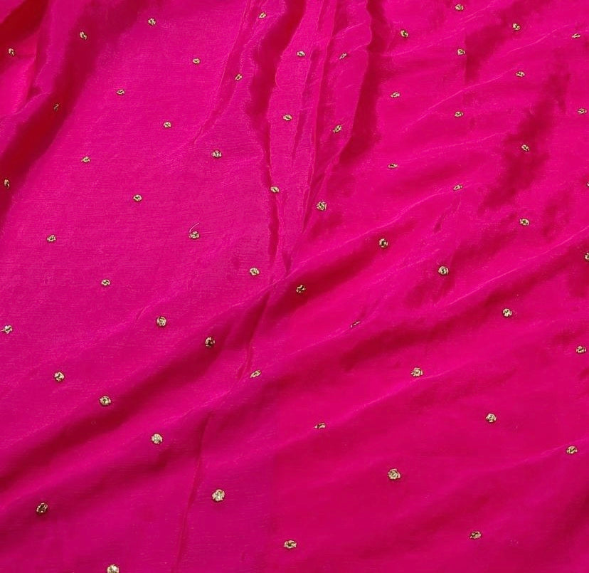 Hot Pink & Golden Polka Butti Embroidered Viscose Chinon Chiffon Fabric (Wholesale)