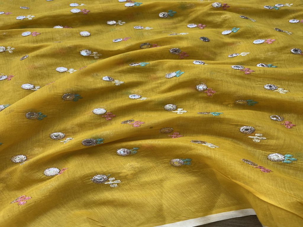 Yellow Abstract Faux Mirror Embroidered Chanderi Fabric(Wholesale)