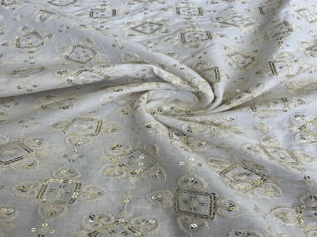 White & Golden Geometric Dyeable Chikankari Sequins Embroidered Cotton Fabric (Wholesale)